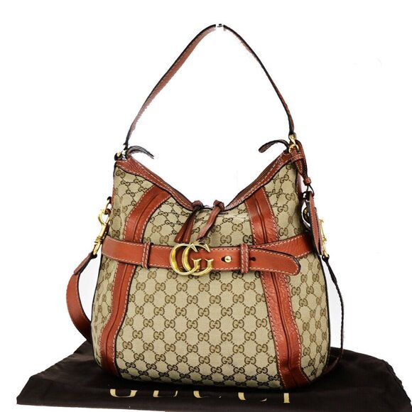 GUCCI Logo GG Pattern 2Way Shoulder Bag Canvas Leather Brown Orange authentic - Picture 1 of 12